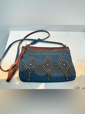 Lucky Brand Denim Studded  Crossbody Bag with Brown leather Trim